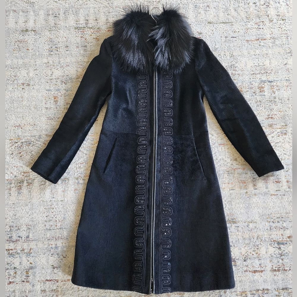 Elegant Black Elk Fur Coat Fox Collar Size XS/S